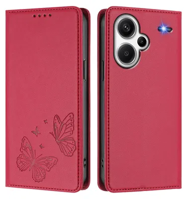 Produktbild von Lederhülle für Xiaomi Redmi Note 13 Pro+, Schmetterling Prägung Leder Brieftasche Schutzhülle mit Ständer Rot