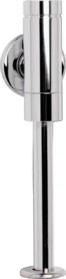 A close-up, studio shot of a chrome urinal flush valve.