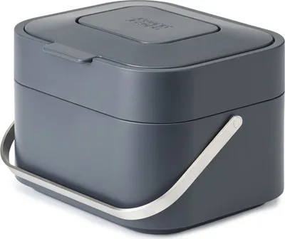 A dark gray compost bin with a silver handle, shown from a diagonal angle against a white background.