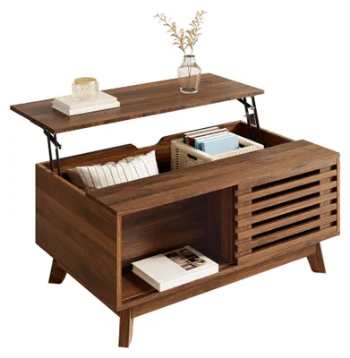 Produktbild von Höhenverstellbarer Couchtisch im Retro-Stil, verschiebbare Jalousietür, Walnuss-Optik, MDF-Korpus, multifunktional für Wohnzimmer