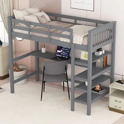 Produktbild von Hochbett mit Lattenrost, Leiter, Schreibtisch und Regalen, 90x200 cm, Einzelbett mit Rausfallschutz, Holzbett aus Kiefer, Kinderbett, Jugendbett