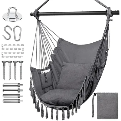 Image de Fauteuil suspendu - Balançoire à cordes - Pour intérieur et extérieur - Avec coussins - Capacité de charge jusqu'à 150 kg - Gris