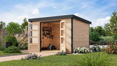 Produktbild von Karibu Gartenhaus Hybridhaus Metall Jupiter 5 naturbelassen 298,5x242,5x209 cm
