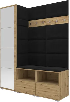 Produktbild von Garderoben-Set Nela II mit Spiegel, Polstergarderobe mit zwei Schuhschränke und Wandpaneele, Flurgarderobe mit Hochschrank (Farbe: Artisan Eiche + Trinity 16 (Schwarz))