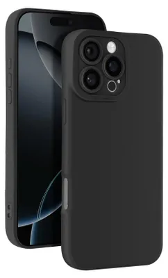 A black iPhone 16 Pro silicone case is shown from a diagonal angle, with the phone itself visible behind it.