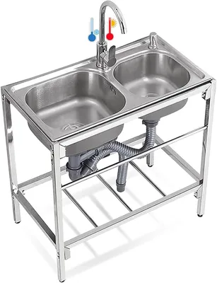 Produktbild von Freistehendes Spülbecken mit 2 Fächern aus Edelstahl, kommerzielle Küchenspüle mit Wasserhahn, Werkbank und Aufbewahrungsregalen, 82 cm
