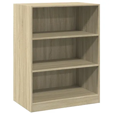 A three-shelf wooden bookcase.