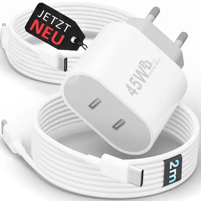 Produktbild von 45W USB-C Schnellladegerät Charger mit GaN-Technologie für Handy, iPhone, Samsung S21-S25, Tablet, iPad Dual Port PD - Ladegerät + 2x 2m Kabel