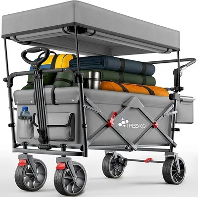 Produktbild von Bollerwagen Faltbar mit Dach, Kühlfach & Seitenrollos | Handwagen max. belastbar bis 150kg | Transportwagen mit Vollgummireifen & Feststellbremsen (Vorne & Hinten) und 3-Punkt-Gurt (Grau)