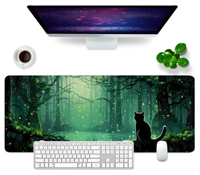 Image de Tapis de souris XL pour bureau « Chat » 80 x 30 cm - Grand tapis de souris gaming pour PC - Tapis de souris professionnel pour gamers - Accessoire de bureau - Décoration de bureau (chat et forêt)