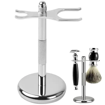 Produktbild von Rasierpinsel- & Rasiererständer aus Edelstahl – Halter für Rasierpinsel & Nassrasierer, Badezimmer-Standfuß, Silber