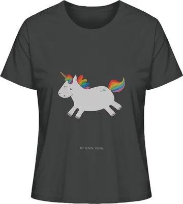 Produktbild von Mr. & Mrs. Panda Basic T-Shirt Damen Einhorn Happy Größe L - Anthrazit - Geschenk, Shirt, Oberteil, Lebensfreude, Unicorn, glücklich, Einhörner, Kurzarmshirt, Kurzarm