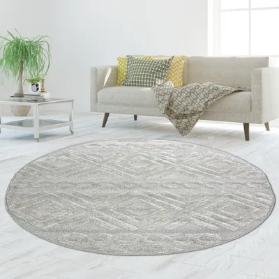 Produktbild von Wohnzimmerteppich im Boho-Stil mit Rautenmuster und Kreisen in Beige Größe - 120 cm Rund