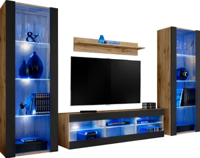 Produktbild von Komodee | Wohnwand Wohnzimmerset Tivoli Grande, Korpus Wotan Matt Frontfarbe Schwarz Matt, LED Blau