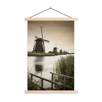 Produktbild von MuchoWow® Textilposter Mühle - Brücke - Niederlande 120x180 cm mit holzfarbenen Rahmen - Textil-Plakat