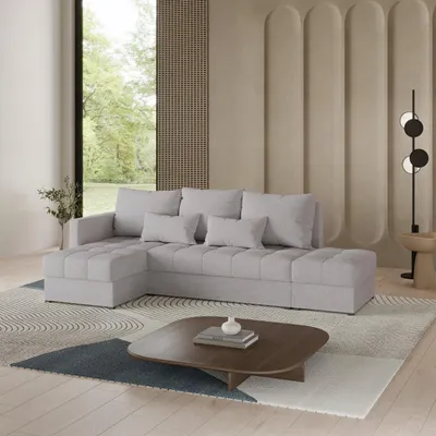 Produktbild von Masseno Ecksofa LUMARI L-S mit Schlaffunktion L-Form, Sofa mit Bettkasten, Wohnzimmersofa, Couch, Soffa, Bettsofa, Couchgarnitur- Hellgrau, NEVE 83