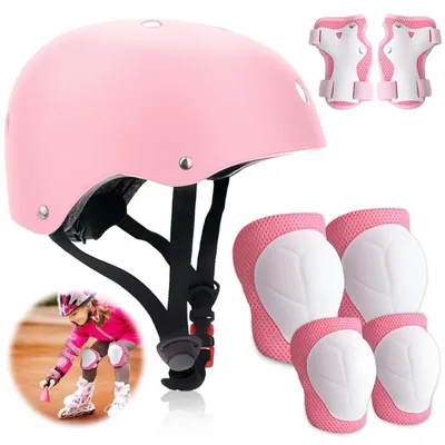 Produktbild von Schutzset Kinder 7-teilig mit Helm Knieschoner Ellbogenschoner Handgelenkschoner Größe S 48-56cm für Radfahren Skateboarden Rollschuhlaufen