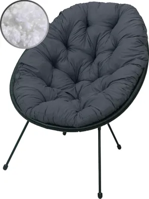 A dark gray round cushion chair with black metal legs, shown against a white background. A circular inset in the top left shows a close-up of white fluffy filling material.