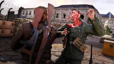 A violent scene from a video game, showing a soldier in combat.