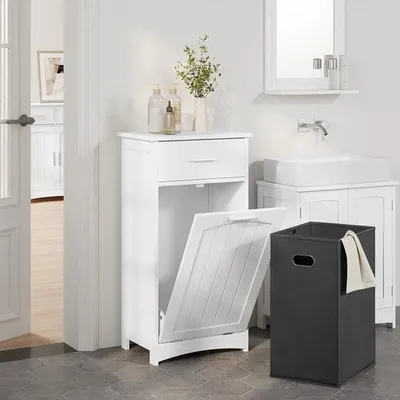Image de Panier à linge avec couvercle - Blanc - Panier à linge à 3 compartiments - Paniers à linge - Pliable - Rangement pour vêtements
