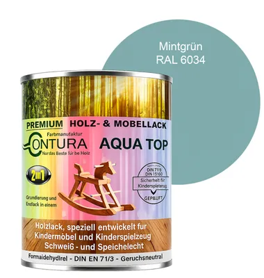 Produktbild von Contura 750ml. Möbellack Lack für Kinderspielzeug Buntlack DIN EN71/3 Buntlack Holzlack - RAL 6034 Mintgrün