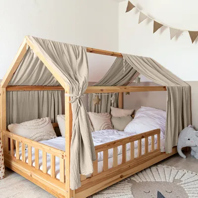 Image de Ciel de lit cabane 67x320 cm beige clair avec applications dorées - 2 pans de tissu