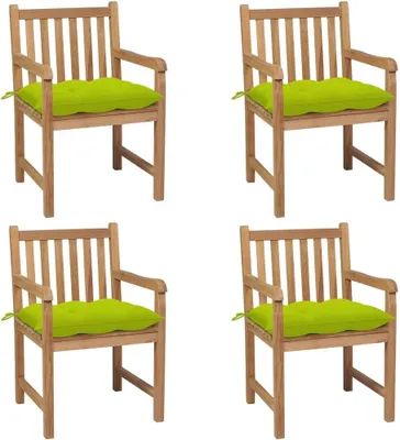 Produktbild von 4 Gartenstühle aus massivem Teakholz mit hellgrünen Kissen