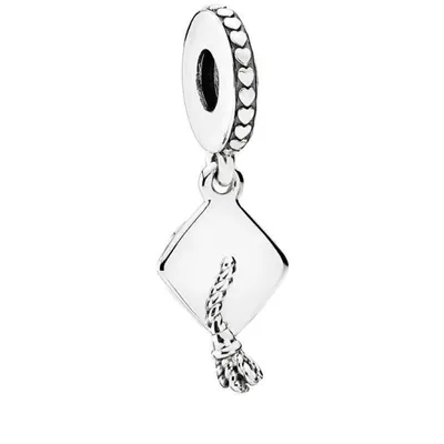 A silver graduation cap charm with a tassel, hanging from a bail decorated with small hearts.
