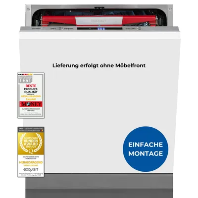 A front view of a white dishwasher with some awards and text overlays.