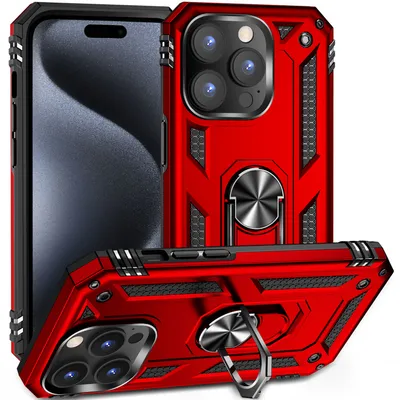 Obrázek produktu pro Pouzdro pro iPhone 15 Pro dvouvrstvé robustní, vojenská ochrana pouzdro s držákem prstenu a stojánkem červené