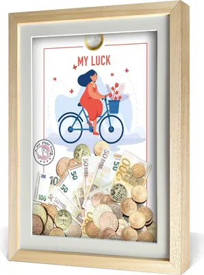Produktbild von aFFa frames My Piggy Bank Spardose, 3D Bilderrahmen zum Befüllen, Geldgeschenke Verpackung für Auto, Haus, Geburtstag, mit Acrylglasfront, aus Holz, 32x42x2,5cm, Hellbraun, Rahmen Glück Muster
