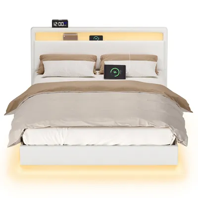 Produktbild von VASAGLE Bettgestell, Doppelbettgestell, 140 x 200 cm, schwebender visueller Effekt, Bett mit LED-Beleuchtung, hohem Kopfteil, Ladestation, modern