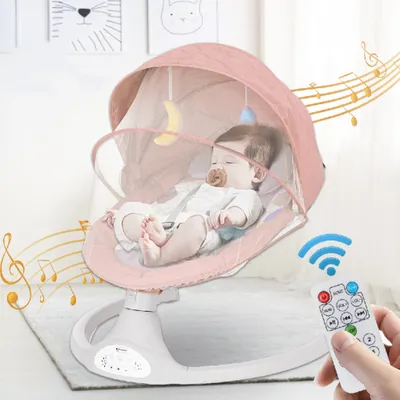 Produktbild von Elektrisch Babywippe Babyschaukel 5 Schaukel Geschwindigkeiten + Moskitonetz und Fernbedienung, Farbe: Pink