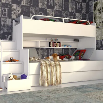 Produktbild von Marlux-Meble Hochbett Kinderbett JSM-3 mit Treppe 80x190 + 120x190 Matt Kinderbetten Funktionsbett Etagenbett Stockbett Kinderhochbett Jugendhochbett (Weiß Matt)