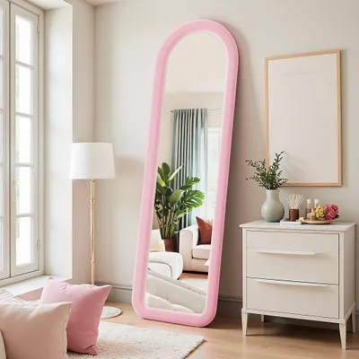 Produktbild von REMZETTA Ganzkörperspiegel 160 x 50 cm, Standspiegel mit Rosa Flanellrahmen, Wandspiegel zum Aufhängen oder Anlehnen, für Schlafzimmer und Flur