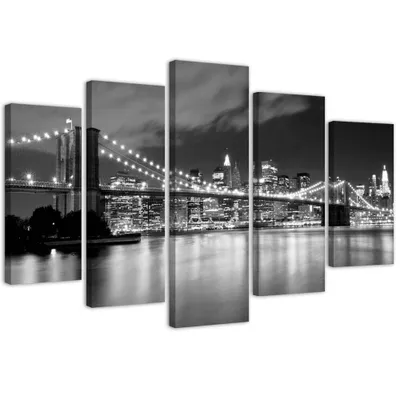 Image de Tableau en toile 5 pièces Brooklyn Bridge de nuit 100 x 70 cm Feeby gris prêt à accrocher