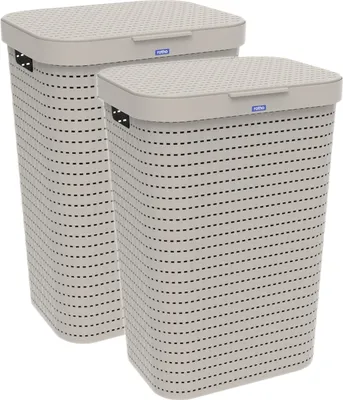 Produktbild von Rotho 2er-Set Wäschesammler 55 L Country  - Wäschekorb groß - Wäschetruhe 42,0 x 32,0 x 57,2 cm - Wäschebox mit Deckel - Wäsche Sammler aus Kunststoff