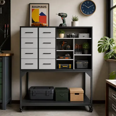Produktbild von Werkzeugschrank mit 6 Schubladen und 1 Fachboden und Lochwand, Mobiler Werkzeugschrank mit Bremsen und Lenkrollen, Schwarz, MDF+Eisen, 100×121×50cm