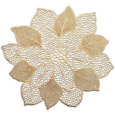 A gold metallic flower-shaped placemat is shown against a white background.