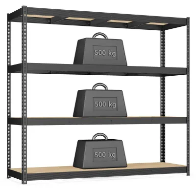 Zdjęcie produktu dla Regał przemysłowy o dużej nośności, z 4 półkami z płyty MDF o grubości 8 mm, w kolorze czarnym, o wymiarach 200x60x183 cm