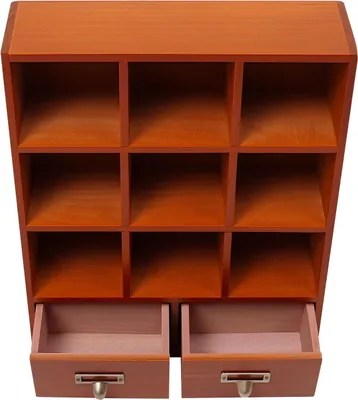 Produktbild von Holz-Displayregal - Regal mit Fächern und Schubladen - 9 Fächer - 2 Schubladen - 4 Ebenen - Wandmontage und freistehend - 33,3×10×42,5 cm - Kiefernholz - Braun