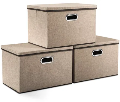 Obrázek produktu pro Sada tří skládacích úložných boxů z lnu s víkem