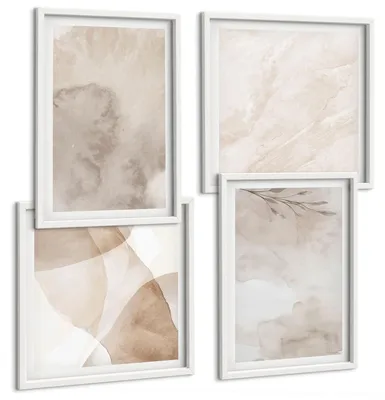 Produktbild von Bilder Set 4-teilig im weißen Rahmen – Wandbilder 4 Stück – gerahmte Poster für Wohnzimmer, Schlafzimmer und Flur – 50x50 cm - 40x60 cm – Aquarellfarben, Boho-Texturen