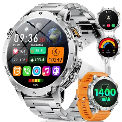 Produktbild von Militär Smartwatch Herren 1400mAh Akku HD Große Smart Watch mit LED Taschenlampe Bluetooth Anruf 110+ Sportmodi IP68 Wasserdicht für Android iOS