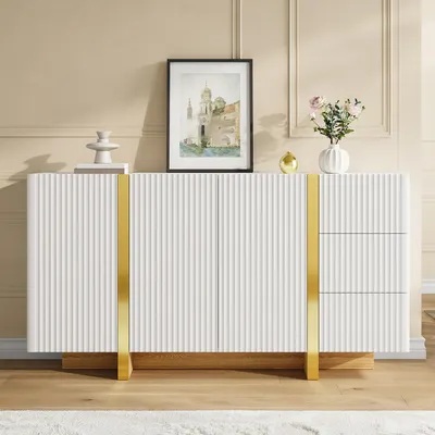 Productafbeelding van Moonbite dressoir met 3 draaideuren en 3 lades, servieskast 140 cm, verticale ribbels, gemaakt van MDF-plaat en spaanplaat, wit