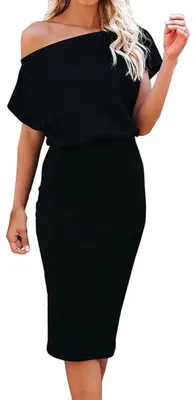 Produktbild von EZBELLE Damen Schulterfrei Kurzarm Gerippt Casual Party Bodycon Midi Kleid, 01 S