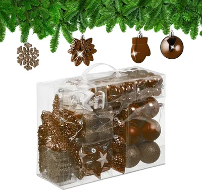 Image de Lot de 100 boules de Noël Relaxdays, pailletées, mates et brillantes, décorations pour sapin, plastique, motifs variés, marron