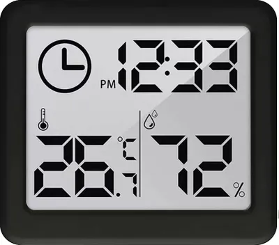 A digital thermometer and hygrometer displaying time, temperature, and humidity.