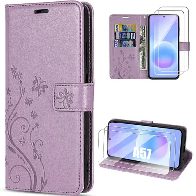 Image de Coque + 2 Verres Trempés pour Samsung Galaxy A57 5G, Anti-Rayures Synthécuir Relief Floral - Violet