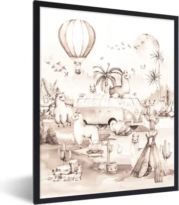 Produktbild von MuchoWow® Gerahmtes Poster Alpaka - Heißluftballon - Kinder - Mädchen - Jungen 60x80 cm - Poster mit Schwarzem Bilderrahmen Wandposter Rahmen Foto Bilder - Premium - Wanddeko Wohnzimmer
